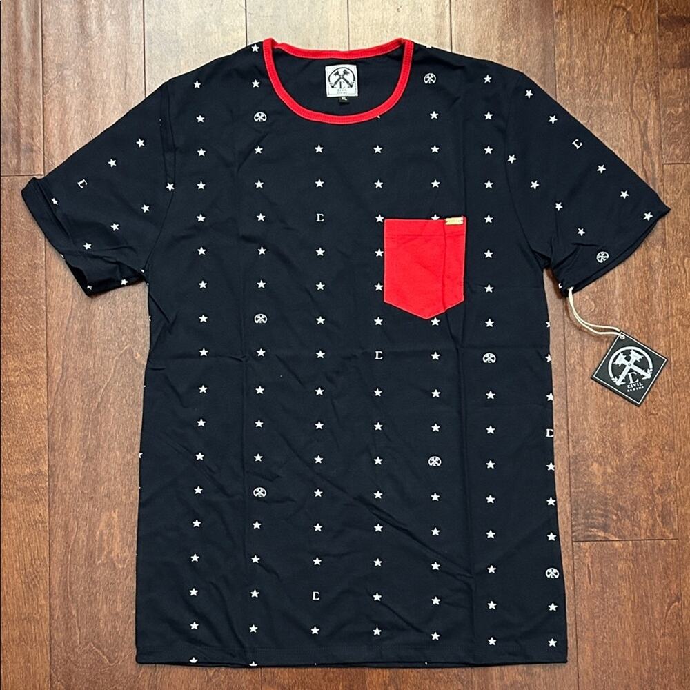 Men's Black Star-Print Tee with Red Pocket and Trim
